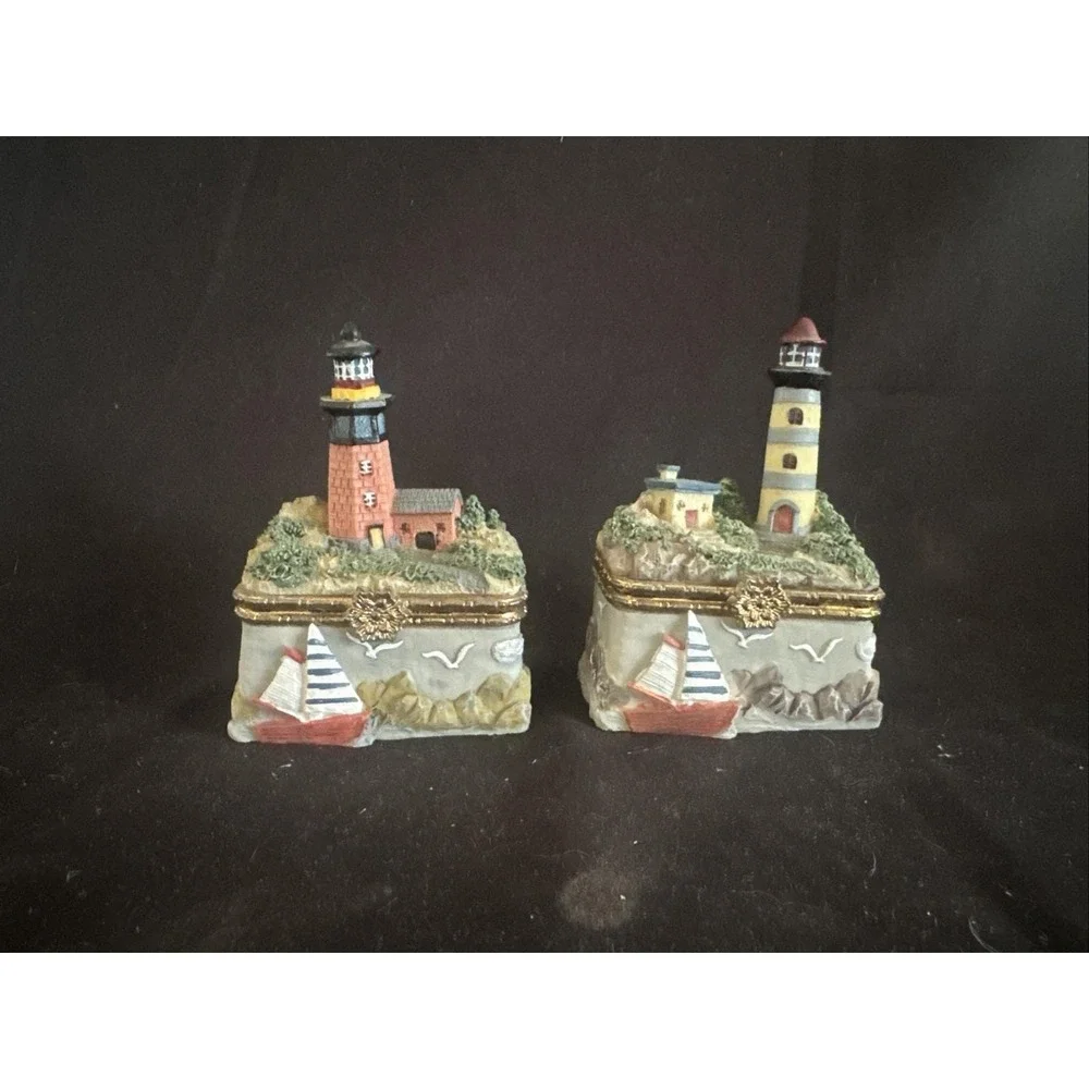 Vintage Lighthouse Trinket Boxes Set of 2 Decorative Coastal Keepsake Boxes